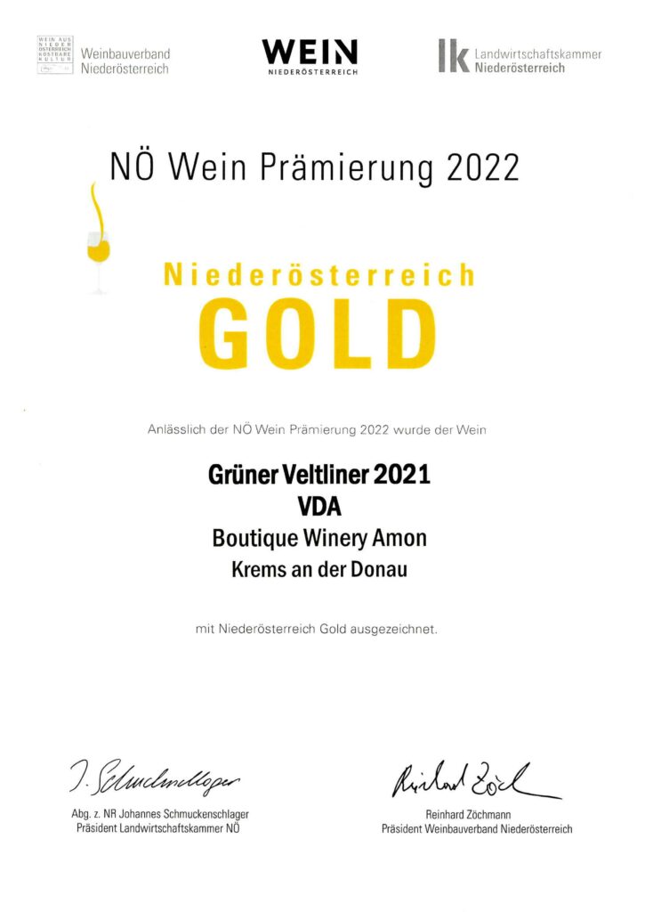 Dokument das beinhaltet dass der Grünbe Veltliner VDA der Boutique Winery Amon mit Niederösterreich Gold prämiert wurde. 