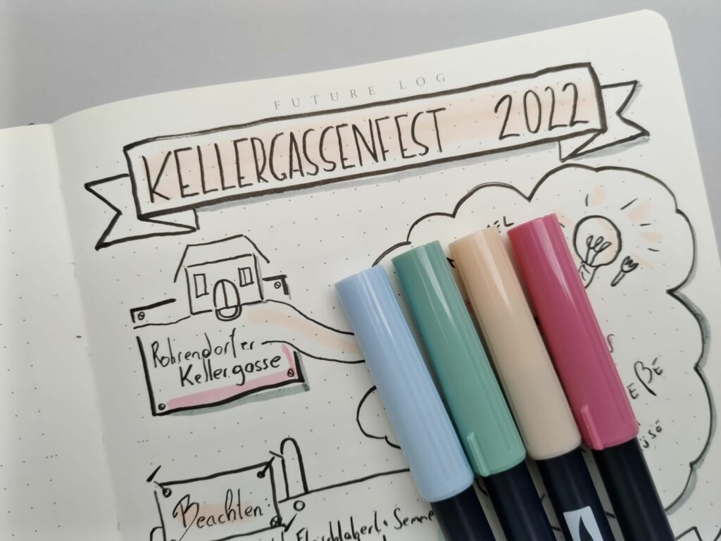 Notizbuch mit 4 Stiften darauf liegend. Darauf geschrieben sind Planungsschnipsel für das Rohrendorfer Kellergassenfest 2022. 